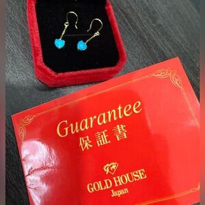 Natural Turquoise Dangling Earrings in 18K Gold Settings Japan Made
